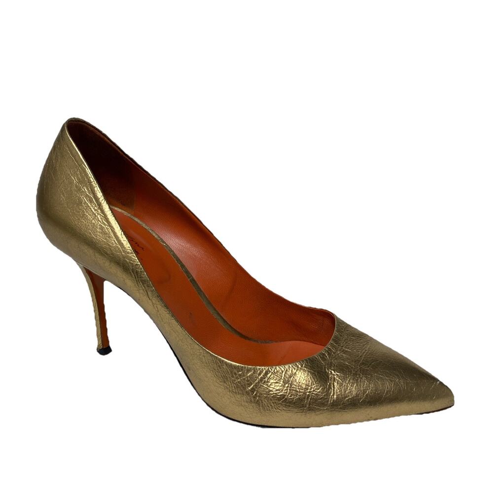 Santoni Rose Collection Pump Crinkle Gold Leather Pointed Toe Slim Heel …